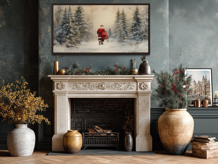 Santa Walking in Snowy Winter Forest Christmas Wall Art