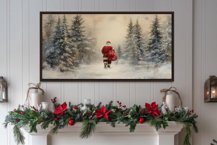 Santa Walking in Snowy Winter Forest Christmas Wall Art