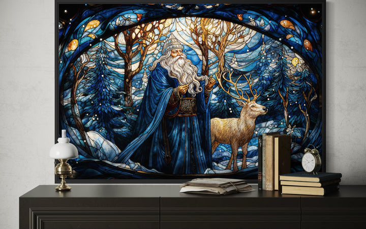 Santa in Blue Coat and Reindeer In Winter Forest Stained Glass Style Canvas Wall Art