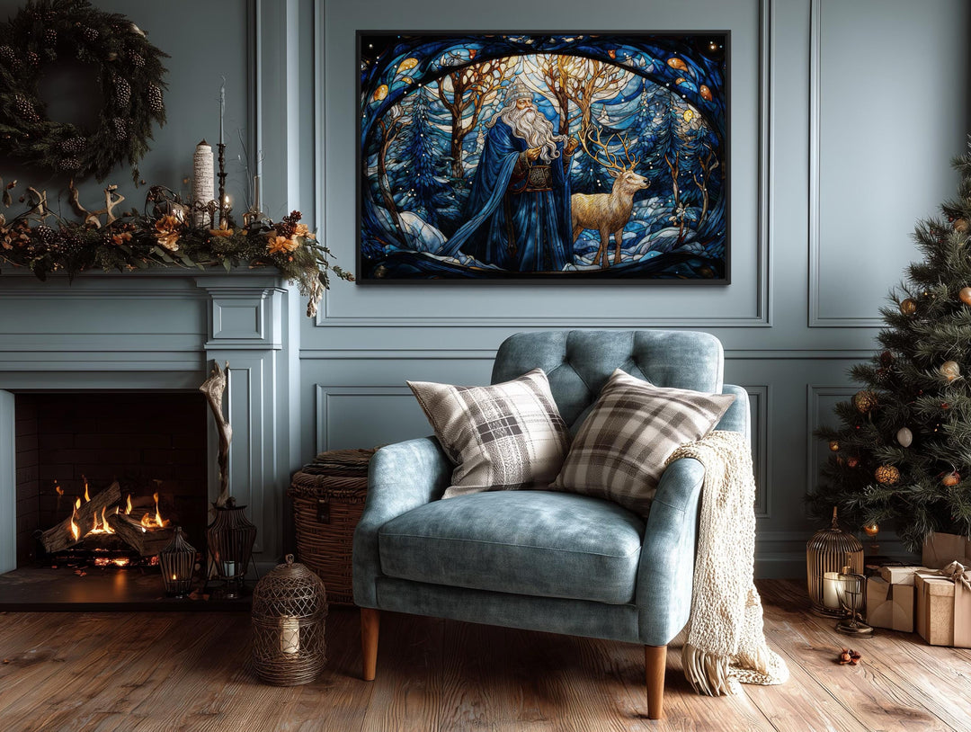 Santa in Blue Coat and Reindeer In Winter Forest Stained Glass Style Canvas Wall Art