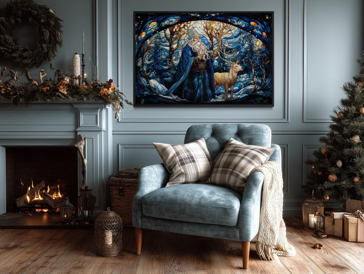 Santa in Blue Coat and Reindeer In Winter Forest Stained Glass Style Canvas Wall Art
