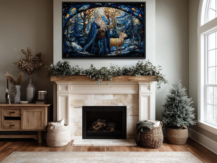 Santa in Blue Coat and Reindeer In Winter Forest Stained Glass Style Canvas Wall Art