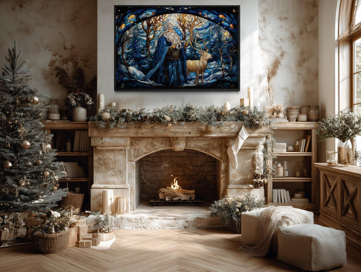 Santa in Blue Coat and Reindeer In Winter Forest Stained Glass Style Canvas Wall Art