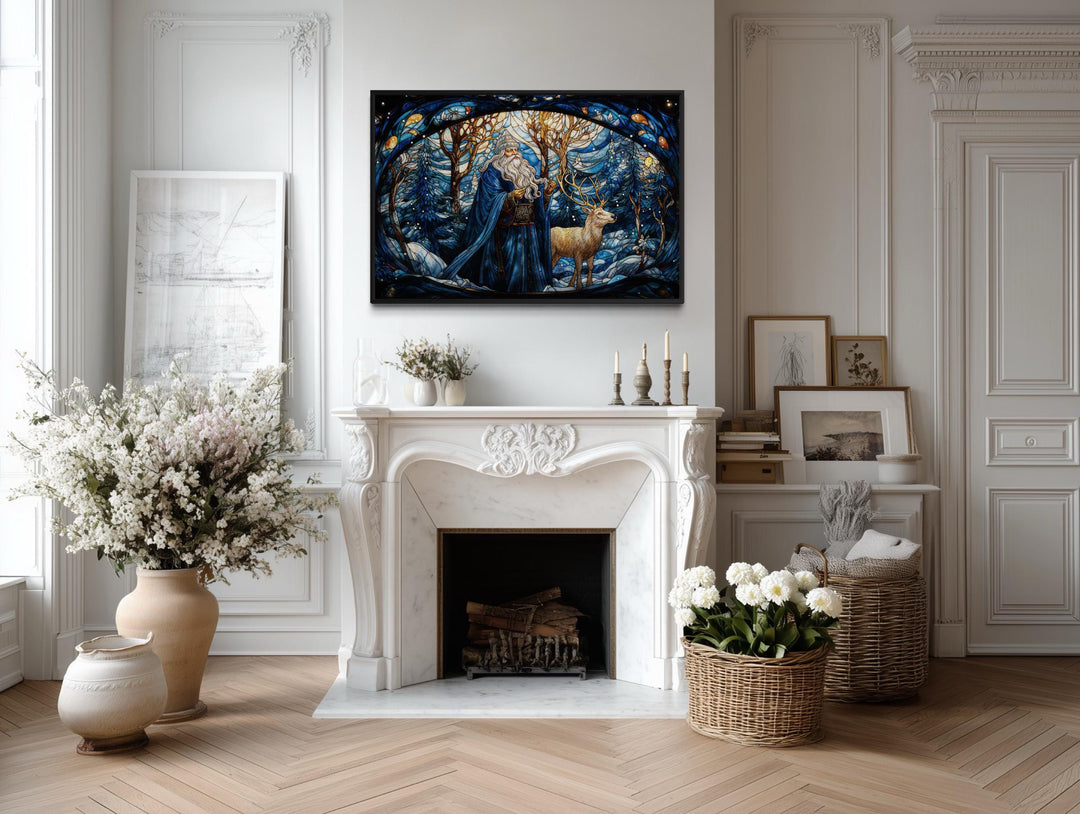 Santa in Blue Coat and Reindeer In Winter Forest Stained Glass Style Canvas Wall Art
