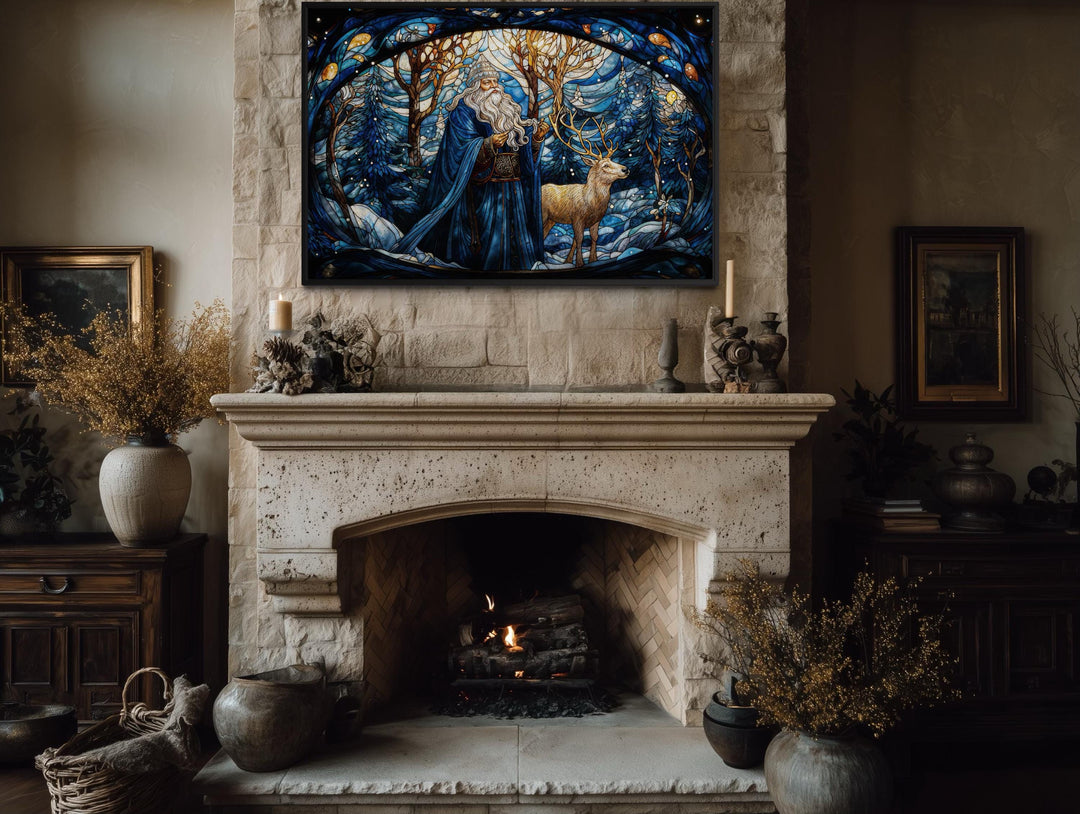 Santa in Blue Coat and Reindeer In Winter Forest Stained Glass Style Canvas Wall Art