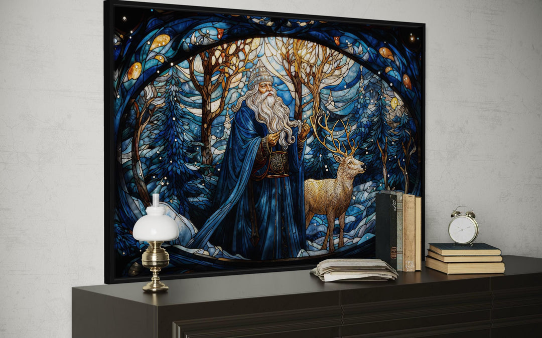 Santa in Blue Coat and Reindeer In Winter Forest Stained Glass Style Canvas Wall Art