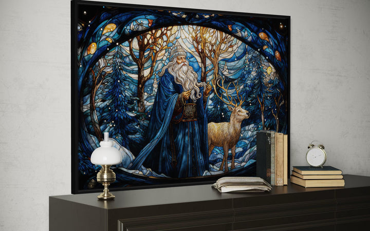 Santa in Blue Coat and Reindeer In Winter Forest Stained Glass Style Canvas Wall Art