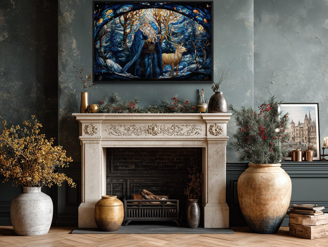 Santa in Blue Coat and Reindeer In Winter Forest Stained Glass Style Canvas Wall Art