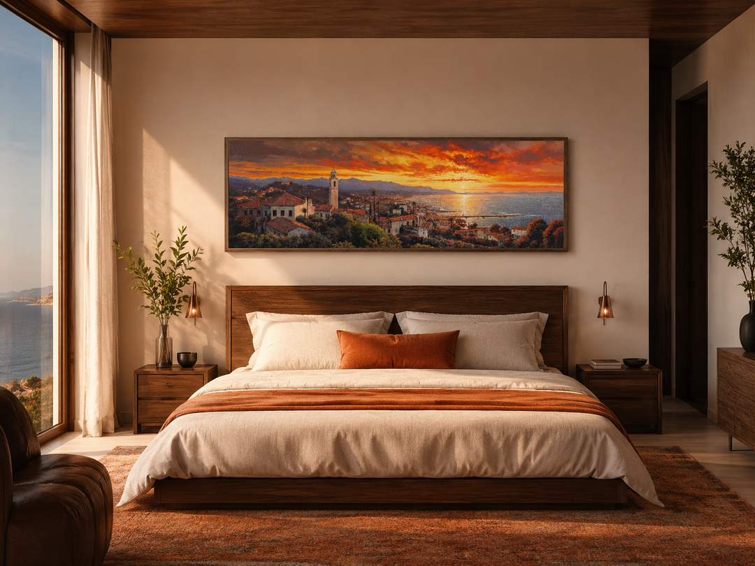 Santa Barbara At Sunrise framed horizontal wall art hanging above a bed in a modern bedroom.