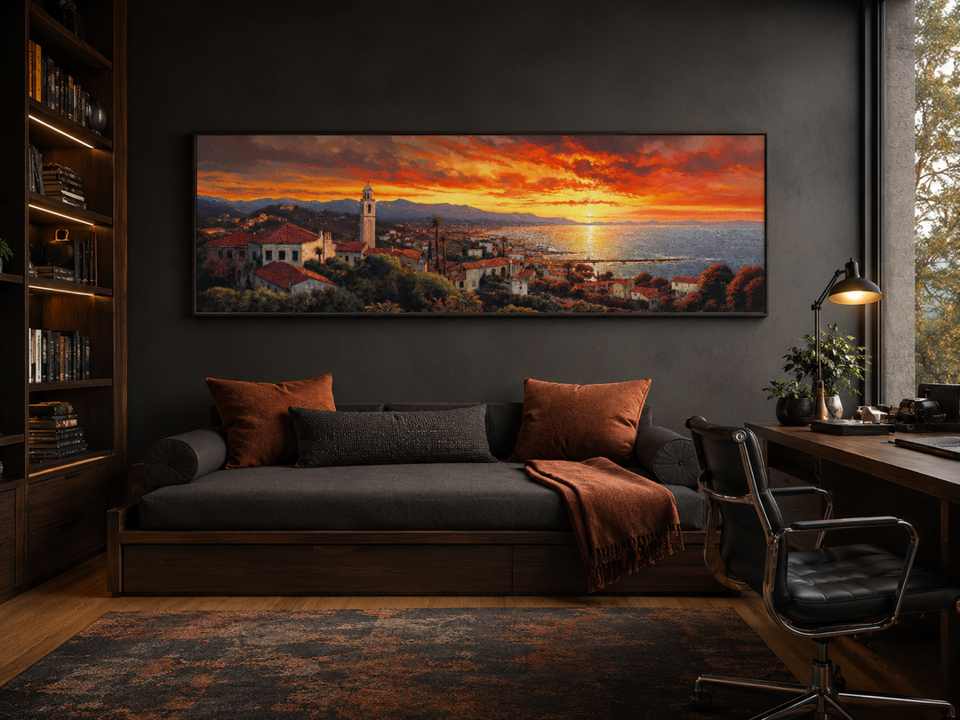 Santa Barbara At Sunrise horizontal wall art in a dark modern study above a charcoal sofa.