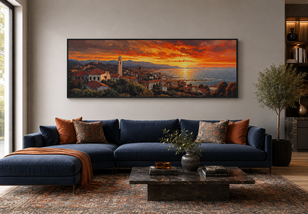 Santa Barbara at sunrise framed horizontal wall art above a blue sofa in a modern living room.