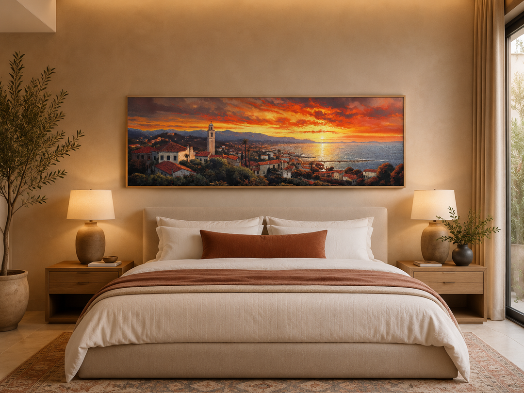 Santa Barbara At Sunrise framed horizontal wall art above a bed in a warm, neutral bedroom.