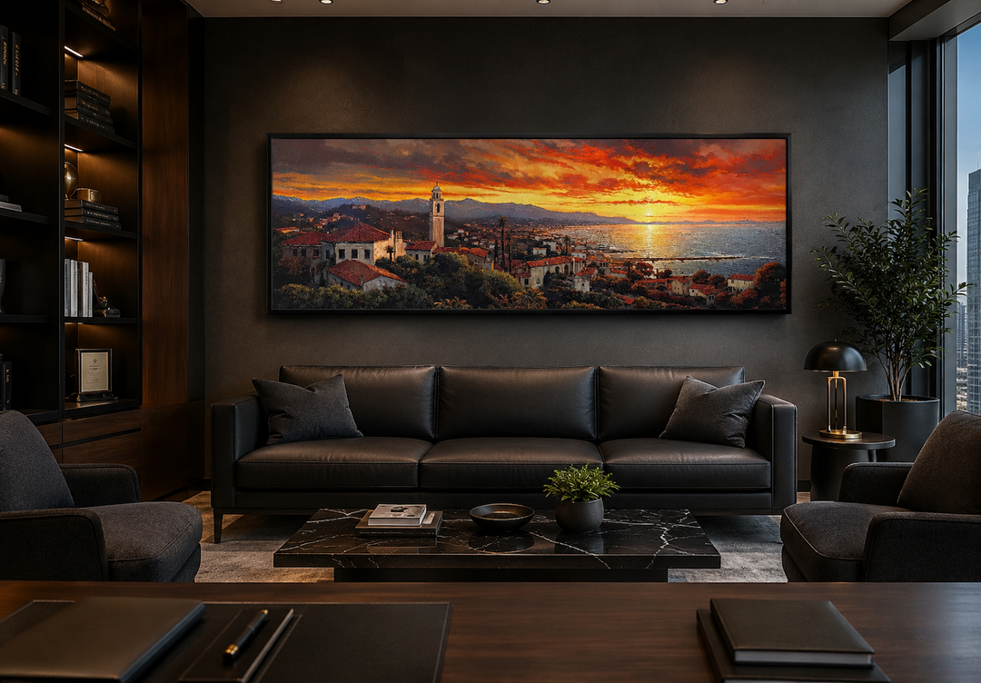 Santa Barbara at sunrise framed horizontal wall art above a black leather sofa in a modern office.