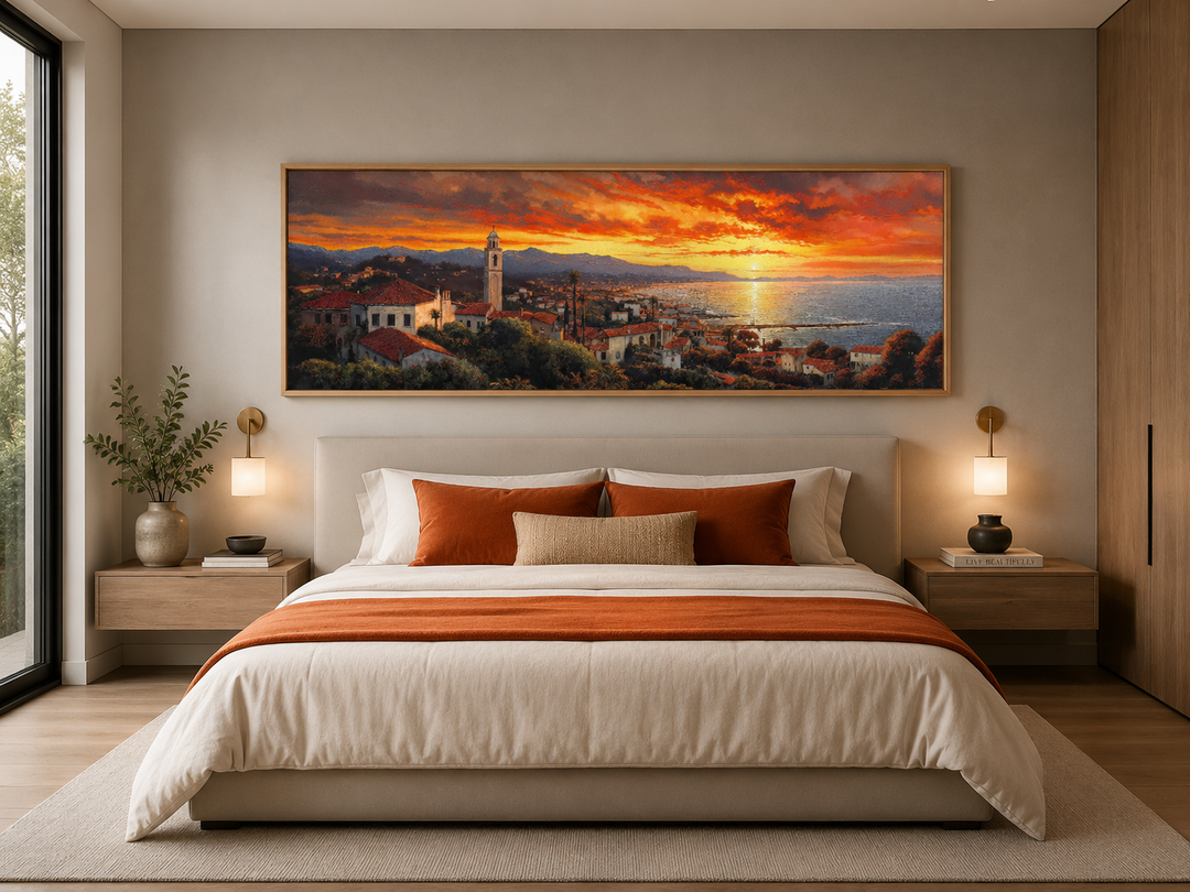 Santa Barbara At Sunrise framed horizontal wall art above a bed in a modern bedroom.