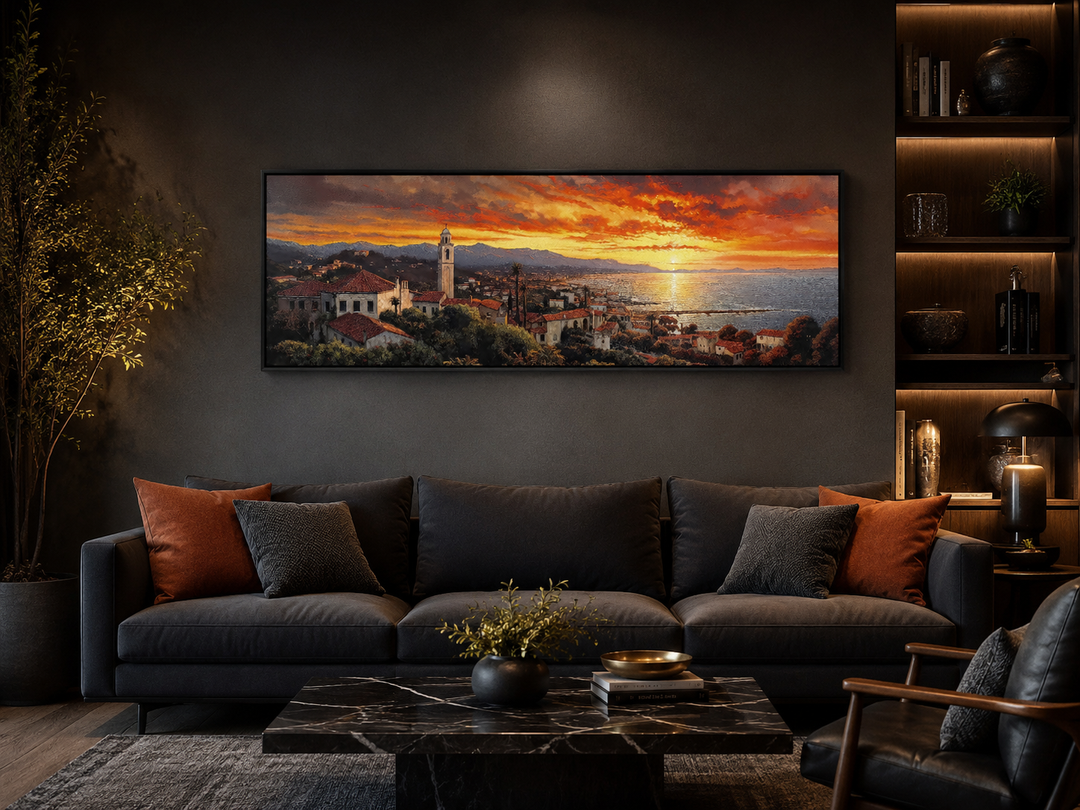 Santa Barbara at sunrise framed horizontal wall art above a dark sofa in a modern living room.