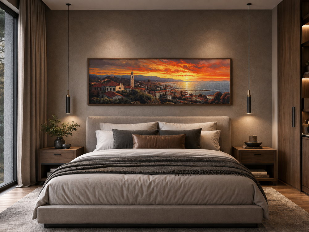 Santa Barbara At Sunrise framed horizontal wall art hanging above a bed in a modern bedroom.