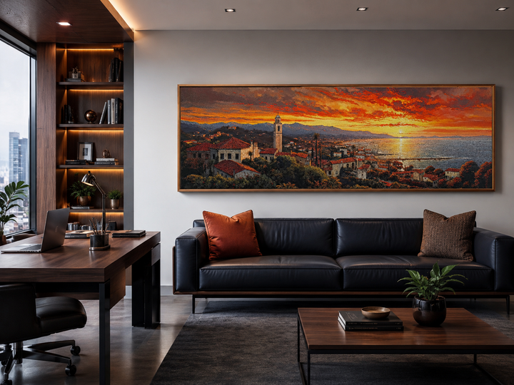 Santa Barbara At Sunrise framed horizontal wall art in a modern office above a black leather sofa.