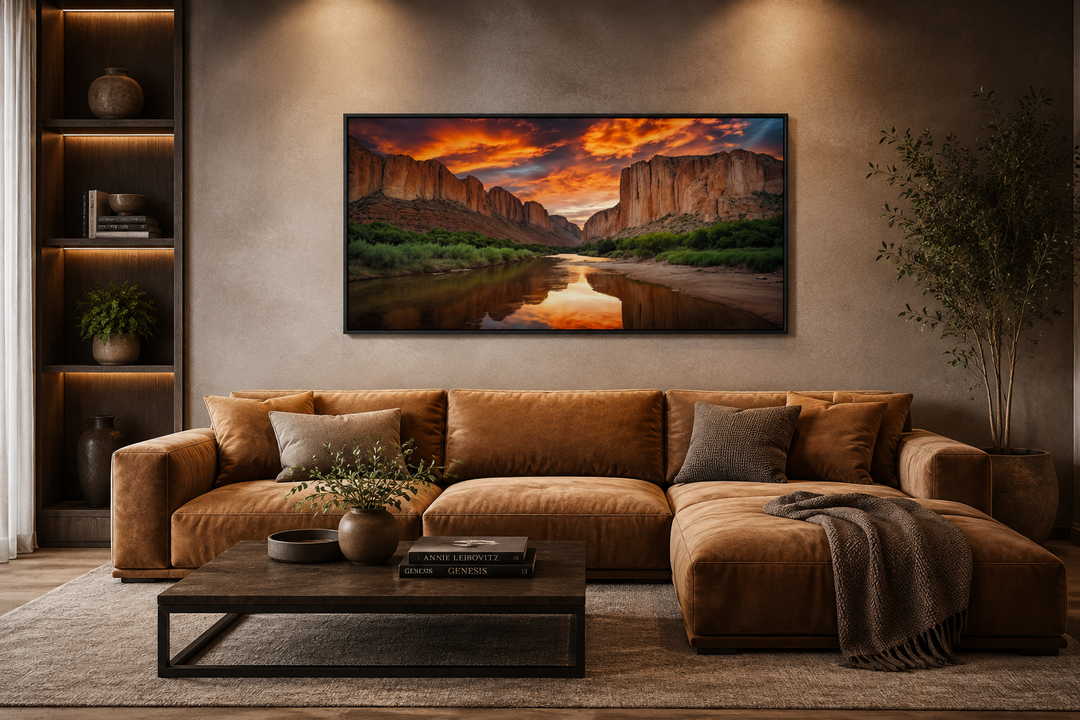 Santa Elena Canyon Big Bend National Park sunset canvas wall art above a brown sectional sofa.