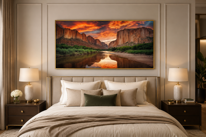 Santa Elena Canyon Big Bend National Park sunset canvas wall art above a bed in a modern bedroom.