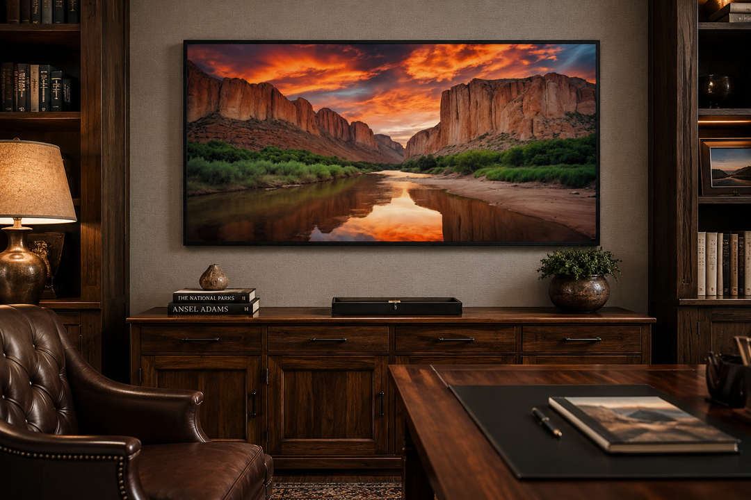Santa Elena Canyon Big Bend National Park sunset canvas wall art in a dark wood office setting.