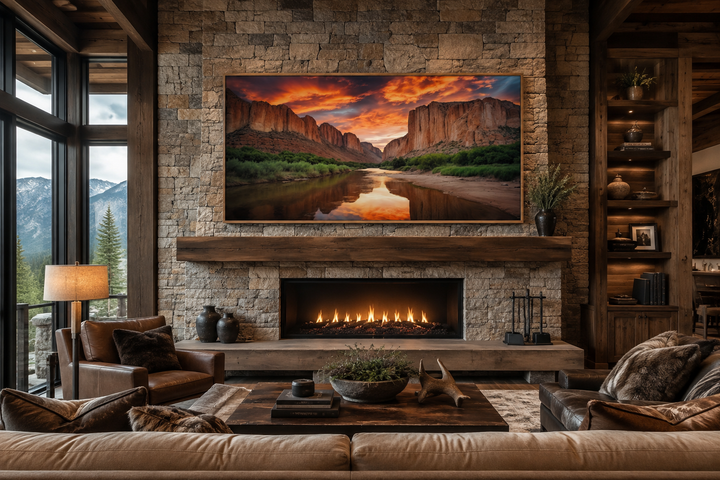 Santa Elena Canyon Big Bend National Park sunset canvas wall art above a fireplace in a rustic room.
