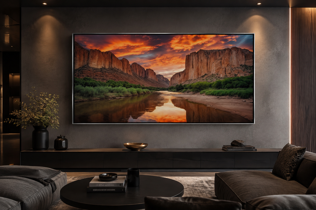 Santa Elena Canyon Big Bend National Park sunset canvas wall art above a modern living room console.
