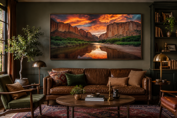Santa Elena Canyon Big Bend National Park sunset canvas wall art above a brown leather sofa.