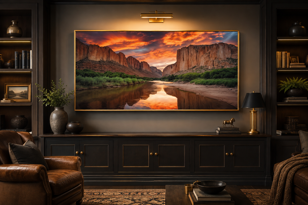 Santa Elena Canyon Big Bend National Park sunset canvas wall art in a gold frame above a sideboard.