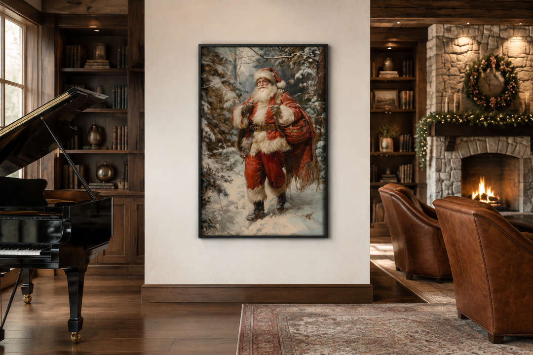 Framed canvas wall art of Santa Claus walking in a snowy forest with a bag of gifts.