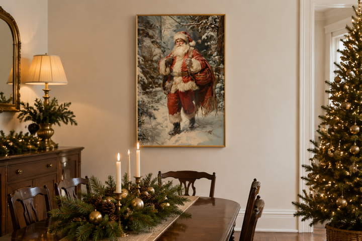 Framed canvas wall art of Santa Claus walking through a snowy forest with a bag of gifts.