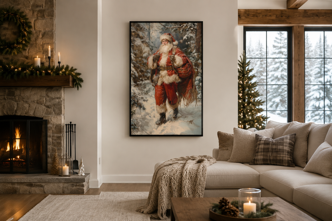 Santa walking in the forest with a bag of gifts framed canvas wall art hanging above a sofa.