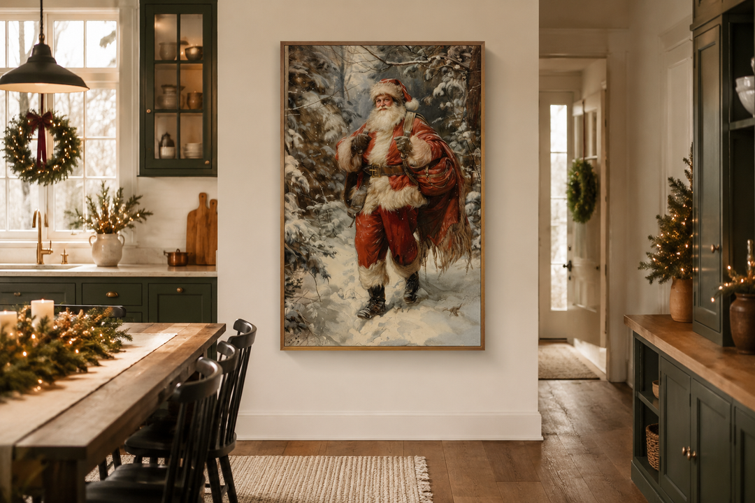 Framed canvas wall art of Santa Claus walking through a snowy forest with a bag of gifts.