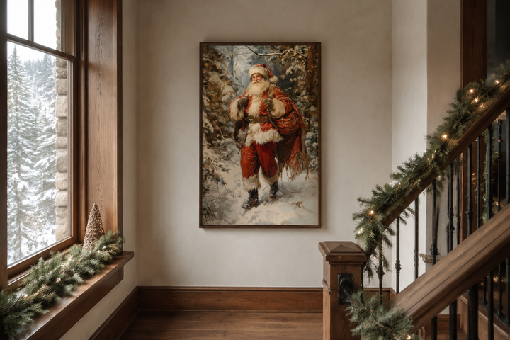 Santa walking in a snowy forest with a bag of gifts framed canvas wall art in a home interior.