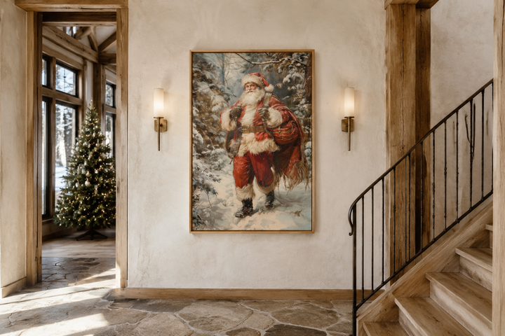 Framed canvas wall art of Santa Claus walking through a snowy forest with a bag of gifts.
