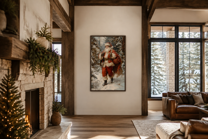 Framed canvas wall art of Santa walking in a snowy forest with a bag of gifts in a rustic room.