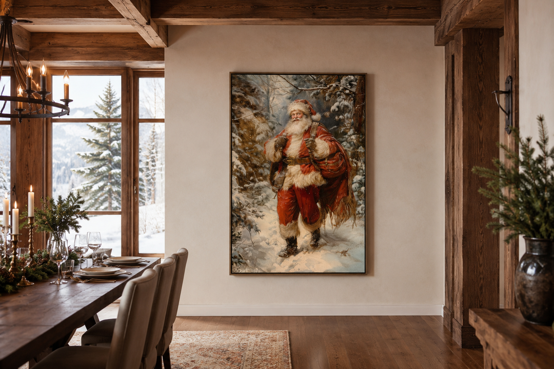 Santa Walking In The Forest With Bag Of Gifts Framed Canvas Wall Art in a rustic dining room.