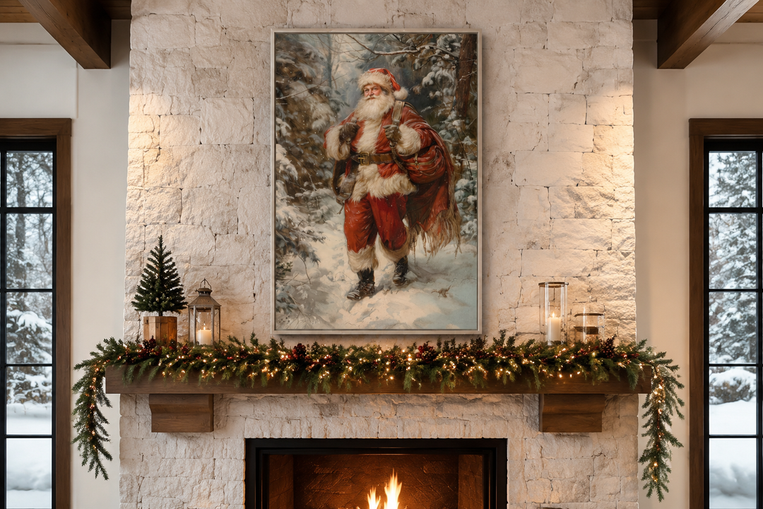 Santa Walking In The Forest With Bag Of Gifts Framed Canvas Wall Art hanging above a fireplace.