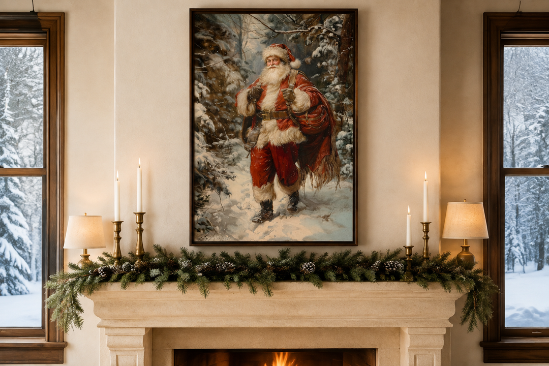 Framed canvas art of Santa walking in a snowy forest with a gift bag, displayed above a mantel.