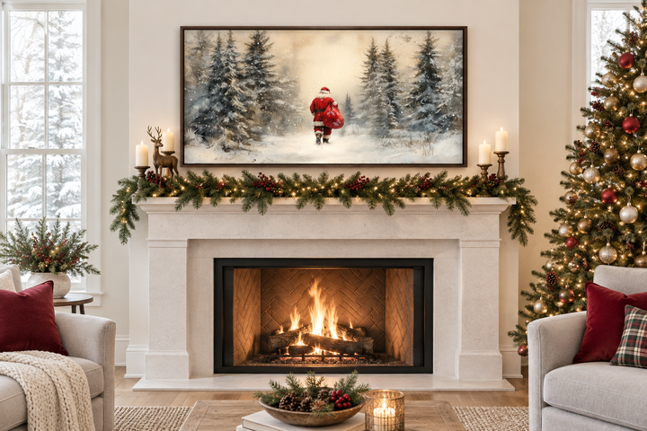 Santa Walking in Snowy Winter Forest Christmas Wall Art displayed above a decorated fireplace.