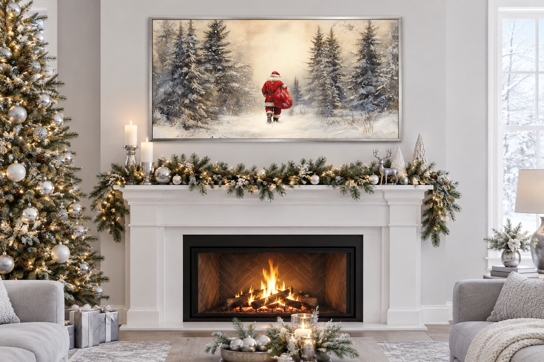 Santa Walking in Snowy Winter Forest Christmas Wall Art displayed above a decorated fireplace.