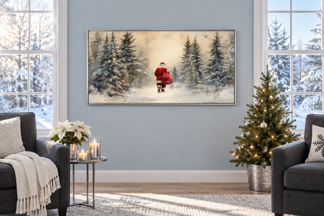Santa Walking in Snowy Winter Forest Christmas Wall Art displayed in a cozy living room.