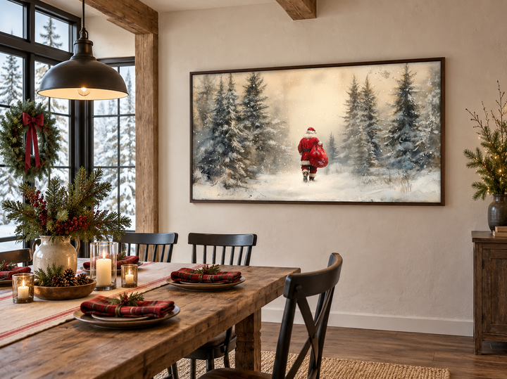 Santa Walking in Snowy Winter Forest Christmas wall art displayed above a rustic dining table.