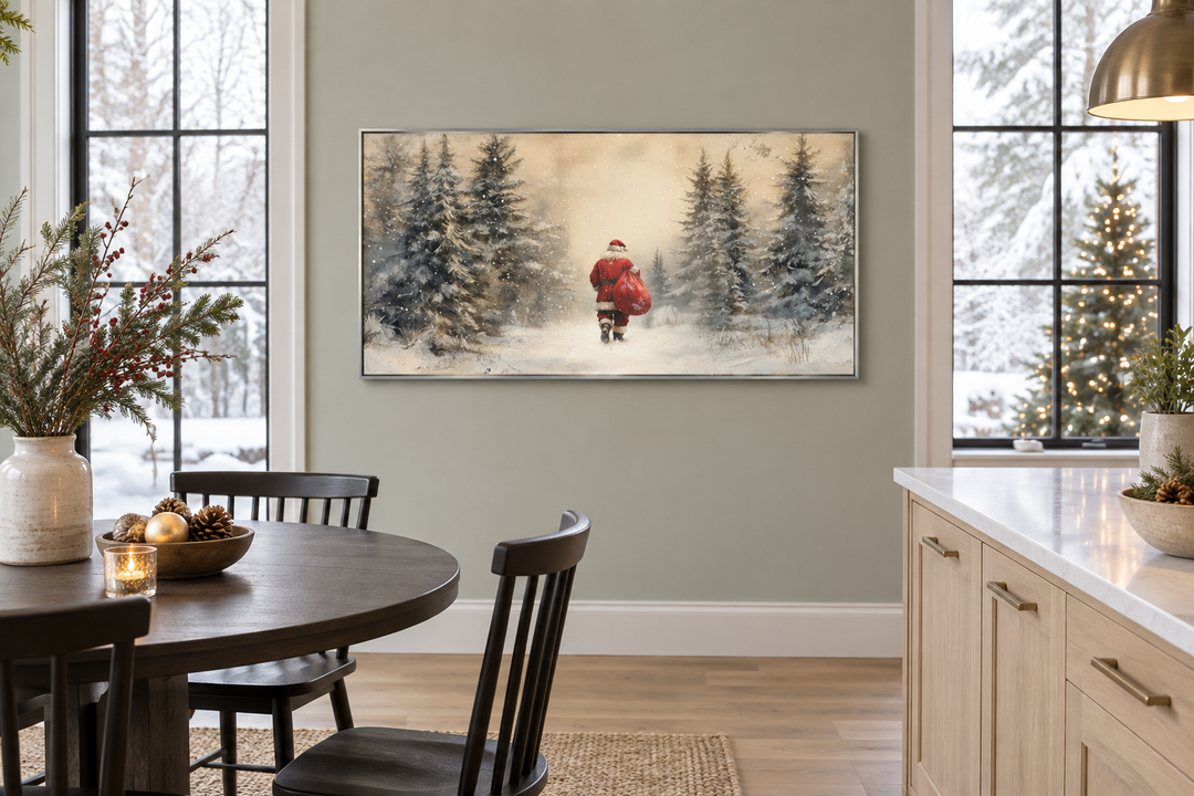 Santa Walking in Snowy Winter Forest Christmas Wall Art displayed in a cozy dining room.