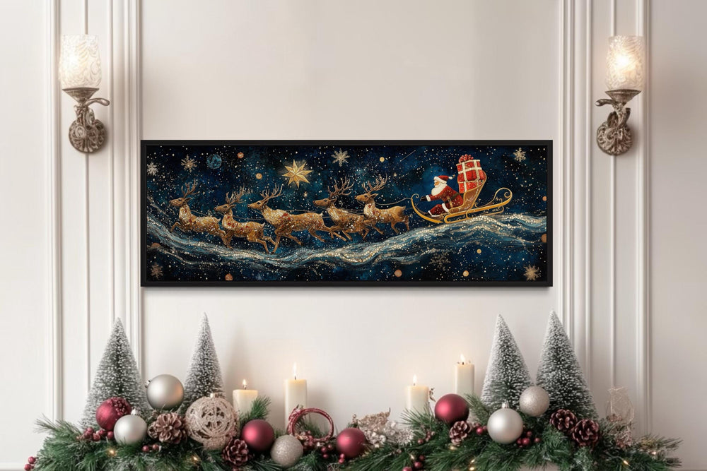 Santa's Sleigh And Reindeer Christmas Canvas Wall Art