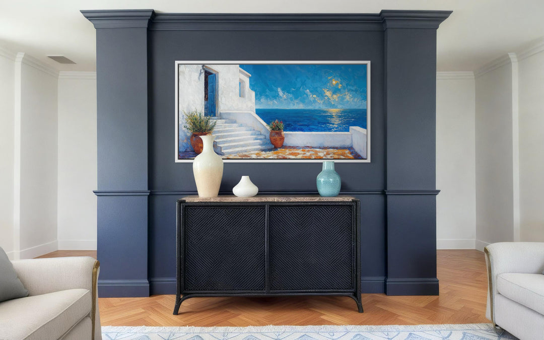 Santorini Greek island coastal wall art featuring a Mediterranean villa and ocean view.