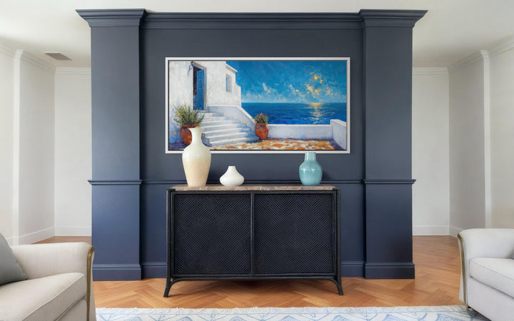 Santorini Greek island coastal wall art featuring a Mediterranean villa and ocean view.