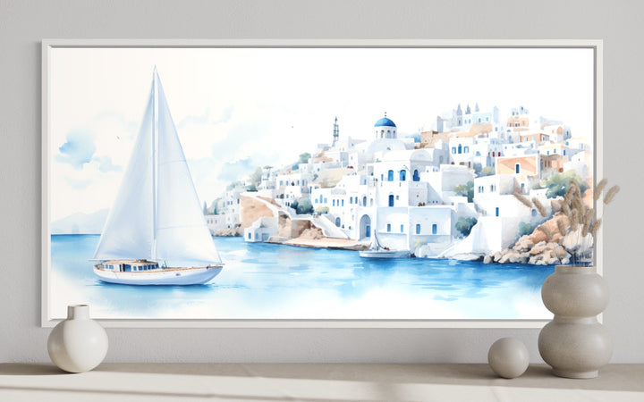 Santorini Sea and Sailboat Framed Canvas Wall Art