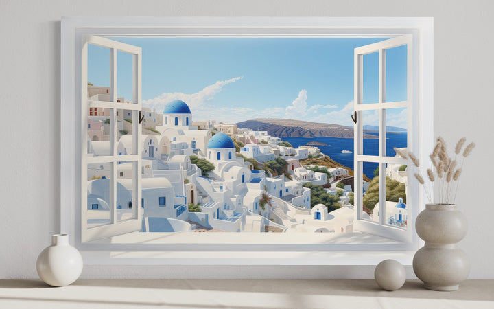 Santorini View From Open Window Canvas Wall Art