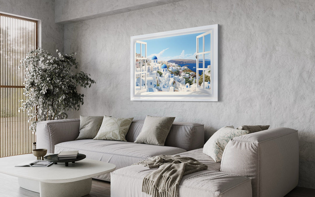 Santorini View From Open Window Canvas Wall Art