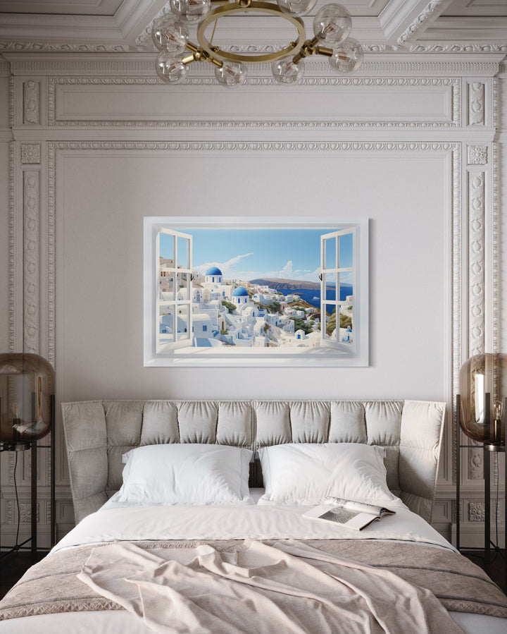 Santorini View From Open Window Canvas Wall Art